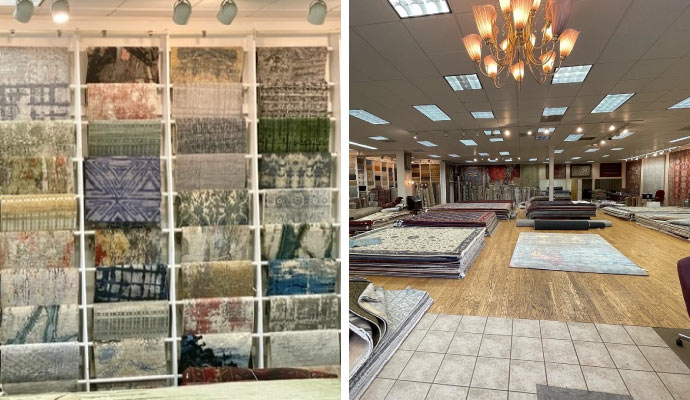 Collage of vertically arranged rugs and some rugs placed on the floor